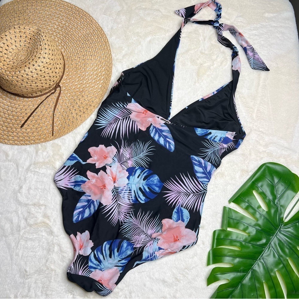 DKNY Halter Shirred One Piece Swimsuit With Tropical Floral Print - Picture 4 of 8